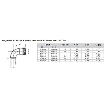 Viega MegaPress 3/4" 90 Stainless Steel 304 Elbow Street - Press Connection - Smart Connect Technology [95035]