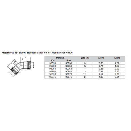 Viega MegaPress 1-1/2" 45 Stainless Steel 304 Elbow - Double Press Connection - Smart Connect Technology [95070]